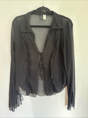 H & M Sheer Tie-Front Ruffle Blouse in Black - Women